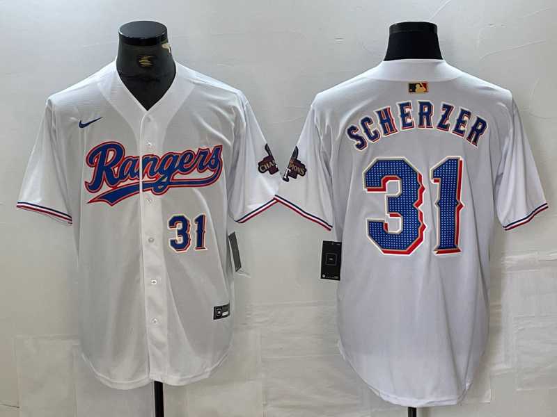 Men%27s Texas Rangers #31 Max Scherzer Number White 2023 World Series Champions Cool Base Jerseys